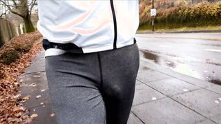 Rainy run in latex. See parent freeballing and flashing off my bulbous dickprint in the rain