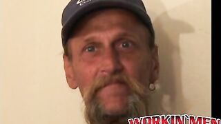 Bearded mature homo jerks off his big dick and comes hard