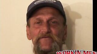 Bearded mature homo jerks off his big dick and comes hard