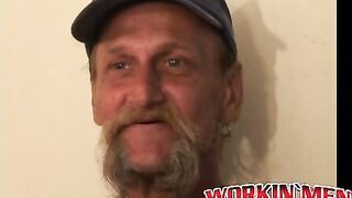 Bearded mature homo jerks off his big dick and comes hard