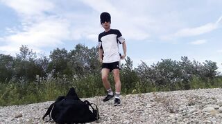 Adorable lad Jon Arteen wears black Adidas clothing, flashes his undergarments, ambles freeballing, wanking off throught his brief cutoffs, nutting outdoor