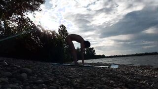 Slim naturist stud does yoga naked on a nudist beach. Nude yoga vid by Jon Arteen bummer pornography model