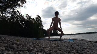 Slim naturist stud does yoga naked on a nudist beach. Nude yoga vid by Jon Arteen bummer pornography model