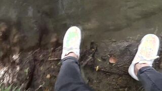 Jon Arteen demonstrates his hard-on, pees piss outdoor, puts his white sneakers in mess