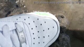 Jon Arteen demonstrates his hard-on, pees piss outdoor, puts his white sneakers in mess