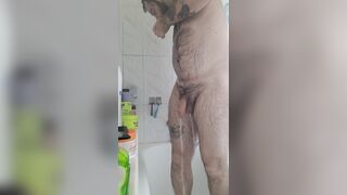 hairy man drains and spunks in the bathroom