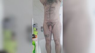 hairy man drains and spunks in the bathroom