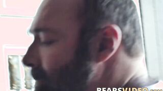 Big bear Brad Kalvo drills Dean Gauge bare after blowjobs