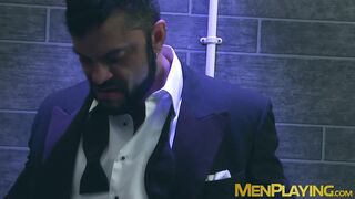 Sexy men in suit gets steamy on rough gay sex in a restroom