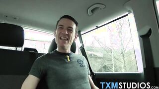 Young British jock blowing big cock in car threeway