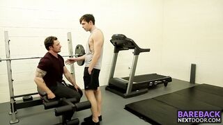 Tattooed hunk fucking this skinny dude in the ass at the gym