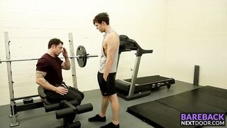 Tattooed hunk fucking this skinny dude in the ass at the gym