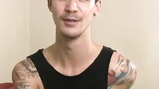 Cute gay dude undresses after interview and masturbates