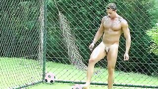 Kinky Brazilian jock masturbates on football field solo