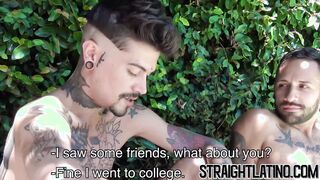 Tattooed Latino jock outdoor bareback hammered after blowjob