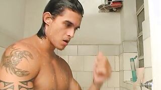 Muscular and hot Brazilian stallion masturbates after shower