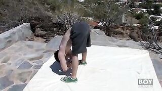 Glorious yoga enthusiast Jesse Jordan tugs his long fuck-stick