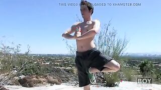 Glorious yoga enthusiast Jesse Jordan tugs his long fuck-stick