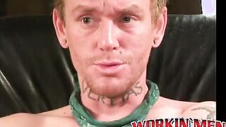 Rough mature thug wanks cock with inked hand and cums