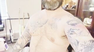 Glorious Tatted Round unshaved wolf disrobing and shooting his fountain