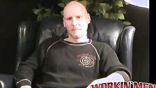 Bald thug cums on a plate after jerking off in amateur solo