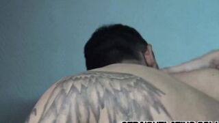 Inked young Latino jock sucking dick before bareback fucking