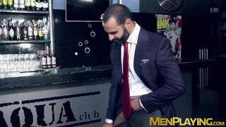 Bar gimp agrees to fuck this sexy classy dude after hours