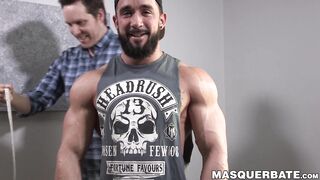 Bearded guy Zack Lemec shows off his muscles during jerk off