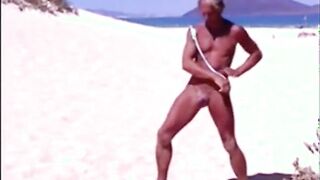 Tanned guy on beach in tiny string thong (temporarily!)