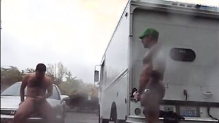 Public Rainy Stroking in a Parking Lot by Two Horny Men