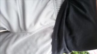 Freeballing Grey Shorts: Flaccid Cock Swinging Outdoors