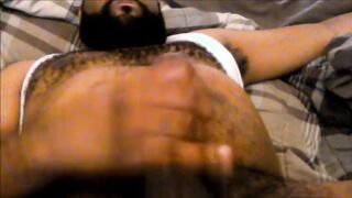 Hairy Black Man Jerks Off, Showing Off His Chest and Belly